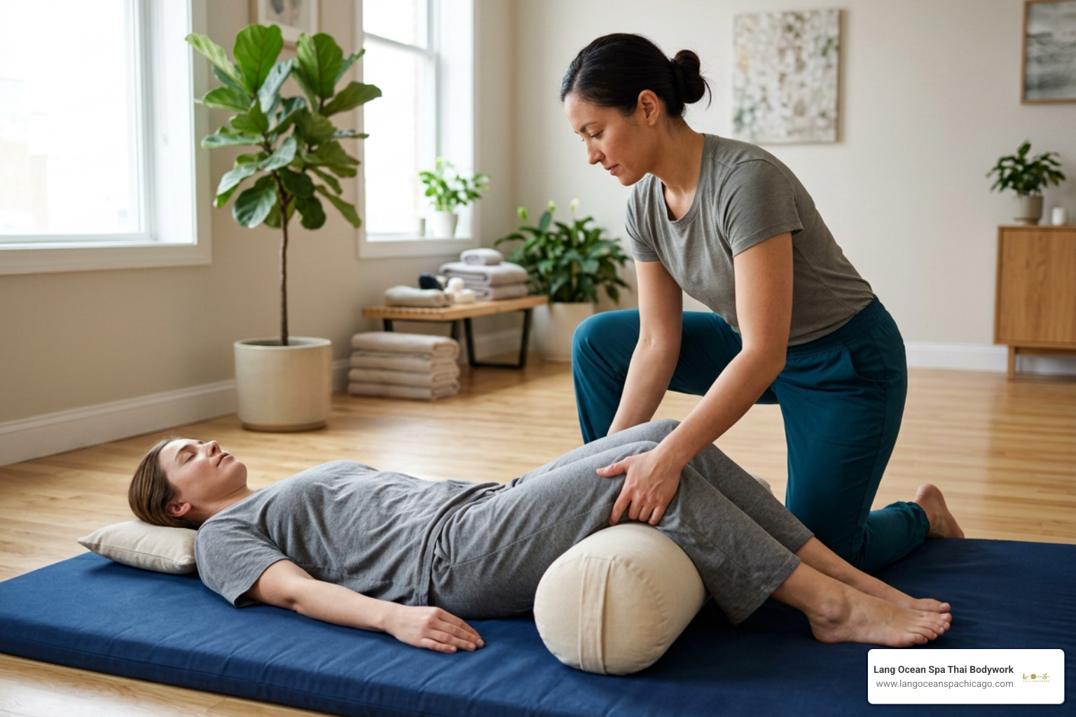 Therapist using bolsters for client support on a floor mat Therapist using bolsters for client support on a floor mat