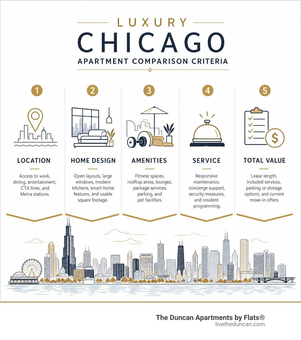 Luxury Chicago apartment comparison criteria infographic Luxury Chicago apartment comparison criteria infographic
