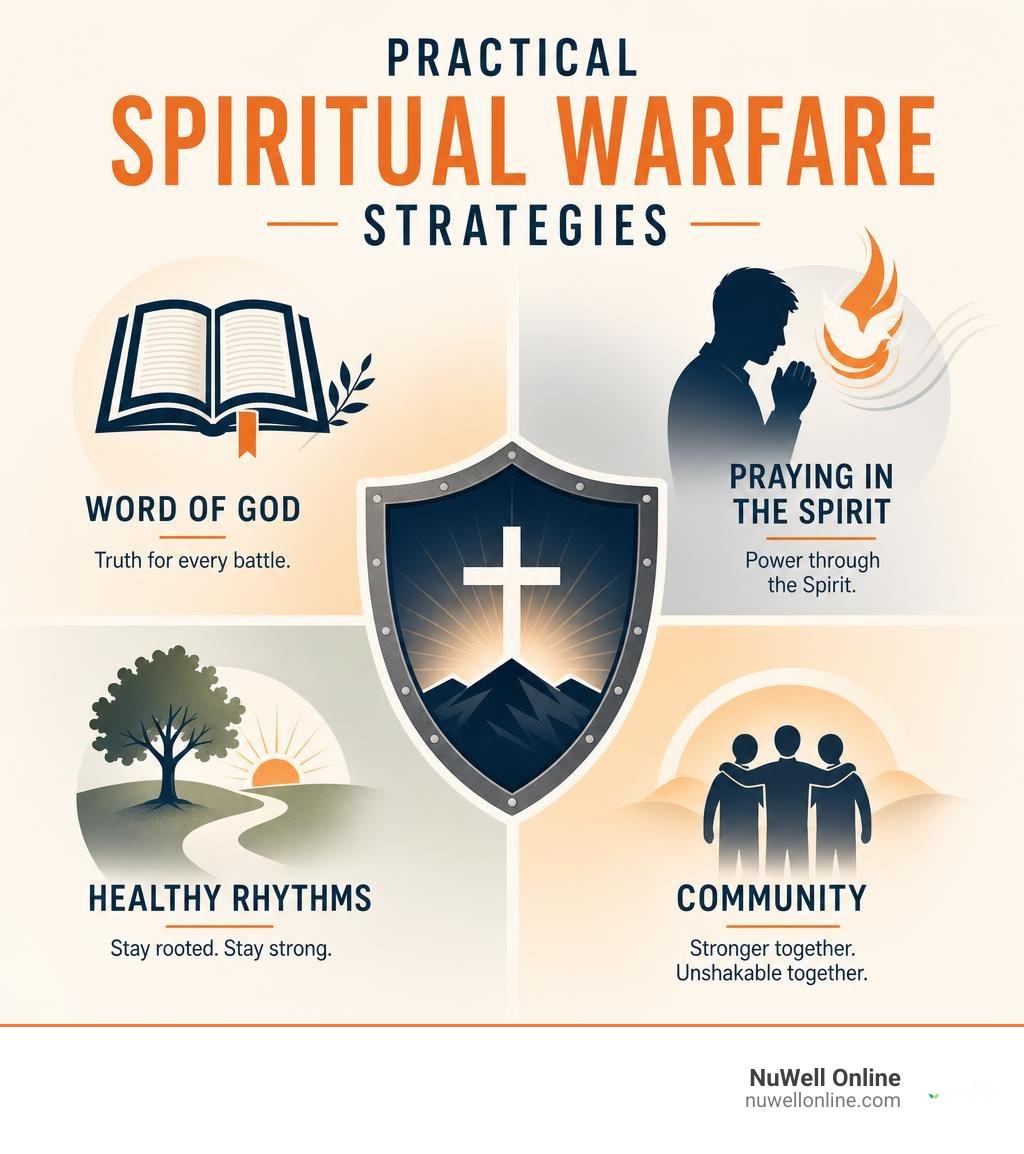 Practical Spiritual Warfare Strategies: Word of God, Praying in the Spirit, Healthy Rhythms, Community infographic