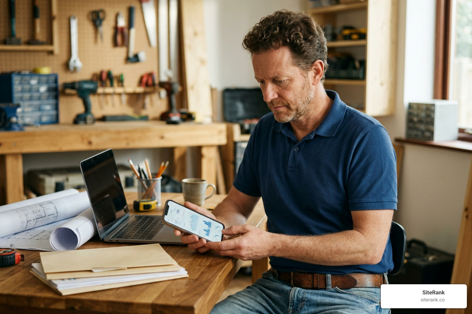 Contractor analyzing phone call lead tracking metrics on a smartphone screen Contractor analyzing phone call lead tracking metrics on a smartphone screen