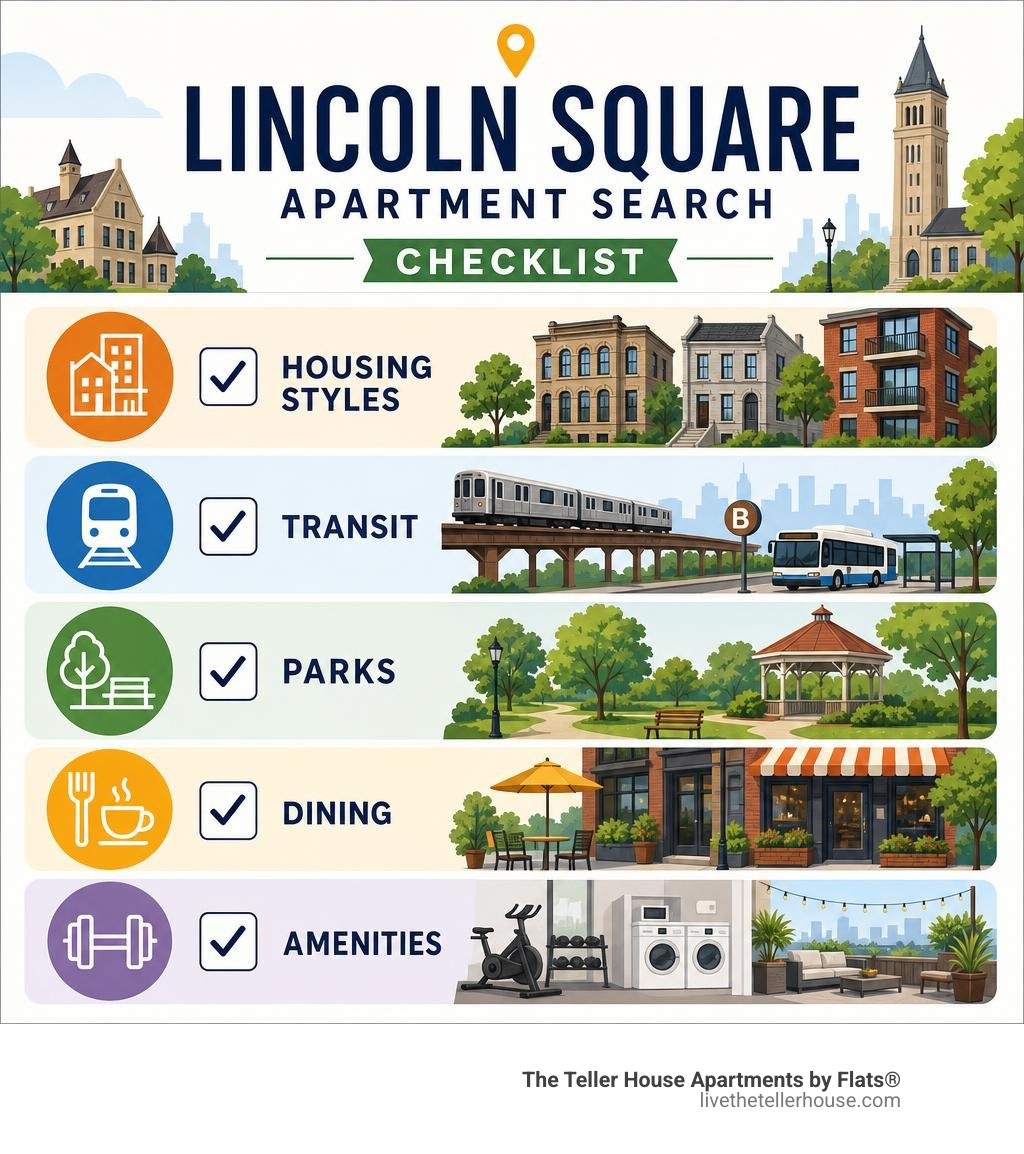 Lincoln Square apartment search checklist: housing styles, transit, parks, dining, amenities infographic Lincoln Square apartment search checklist: housing styles, transit, parks, dining, amenities infographic