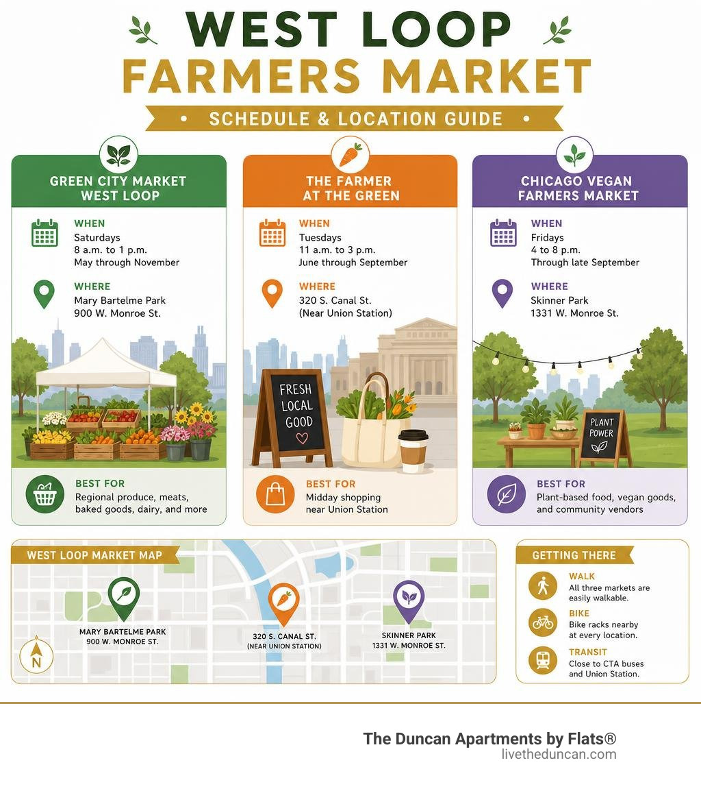 West Loop farmers market schedule and location guide infographic