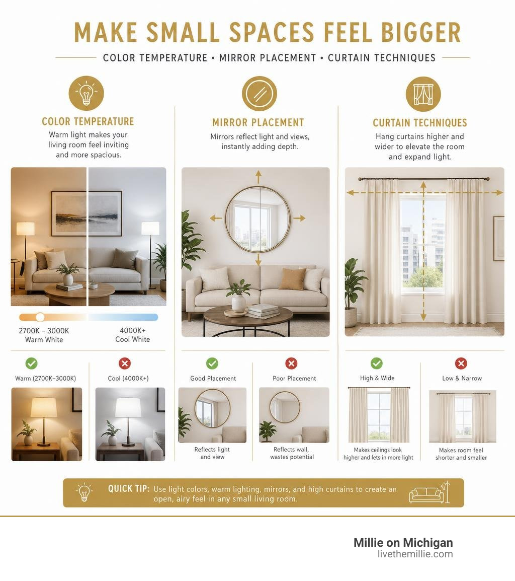 Infographic detailing color temperature, mirror placement, and curtain hanging techniques infographic Infographic detailing color temperature, mirror placement, and curtain hanging techniques infographic