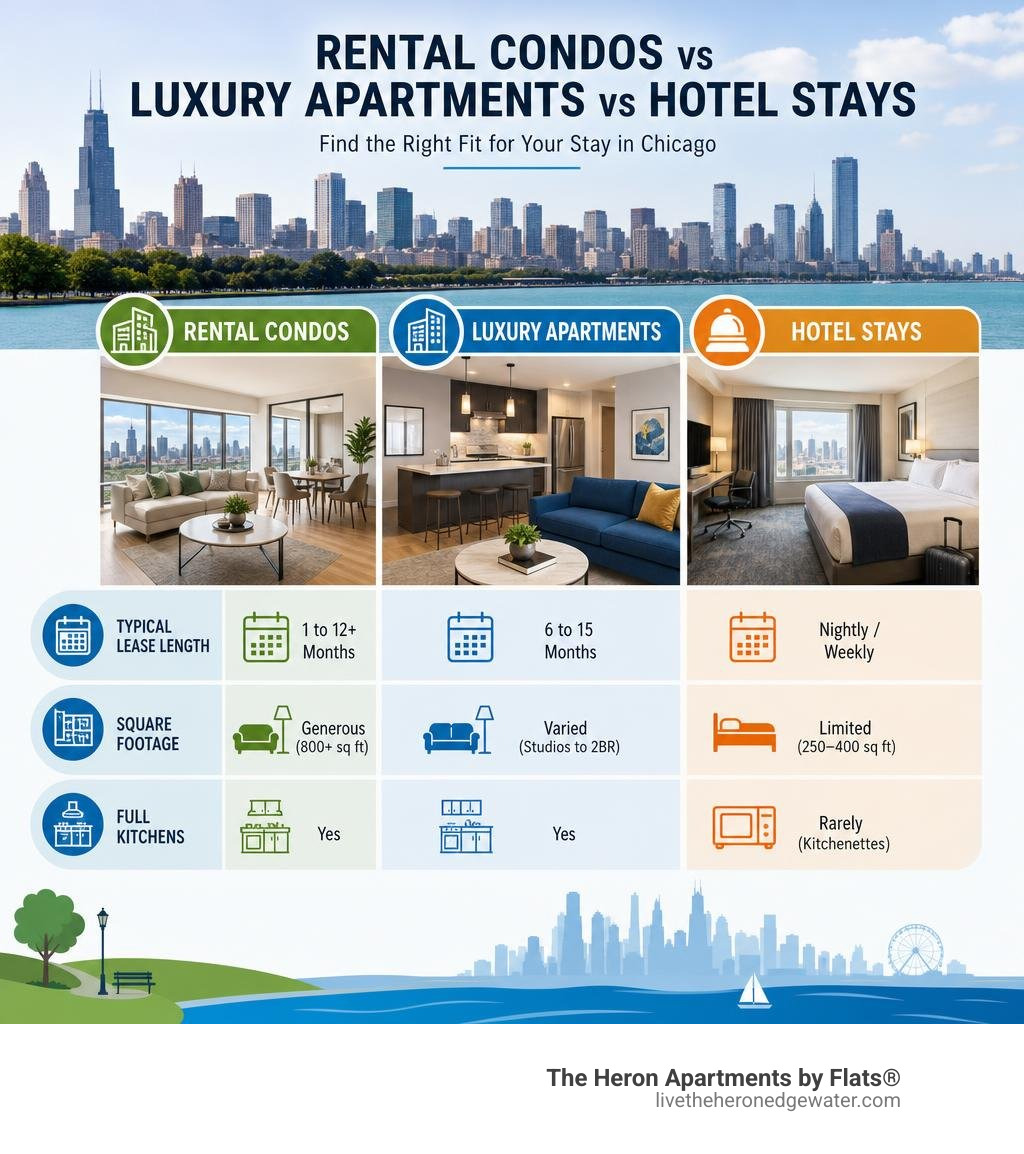 Comparison chart between rental condos, luxury apartments, and hotel stays infographic Comparison chart between rental condos, luxury apartments, and hotel stays infographic