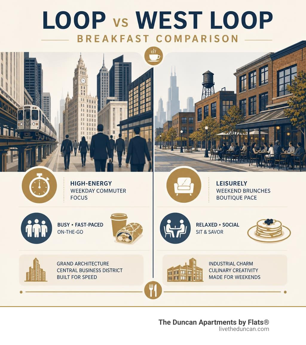 Loop vs West Loop breakfast comparison infographic Loop vs West Loop breakfast comparison infographic