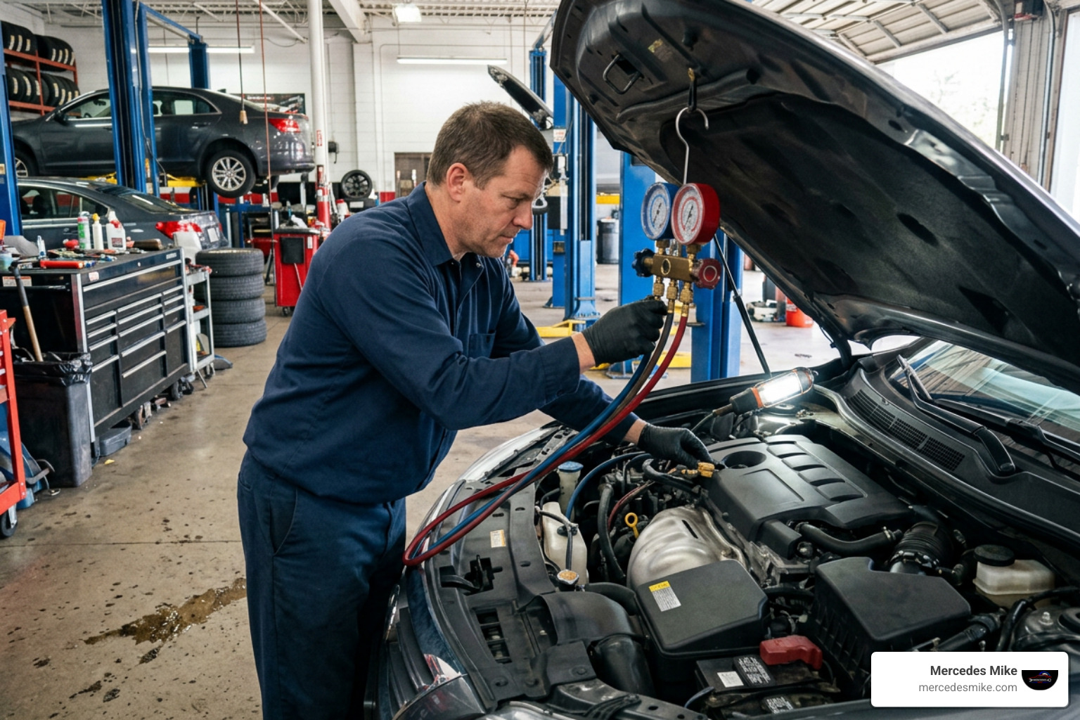mechanic testing car AC pressure gauges mechanic testing car AC pressure gauges