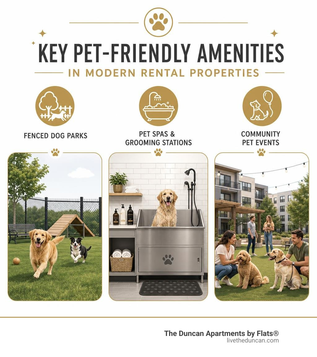Key pet-friendly amenities available in modern rental properties infographic Key pet-friendly amenities available in modern rental properties infographic