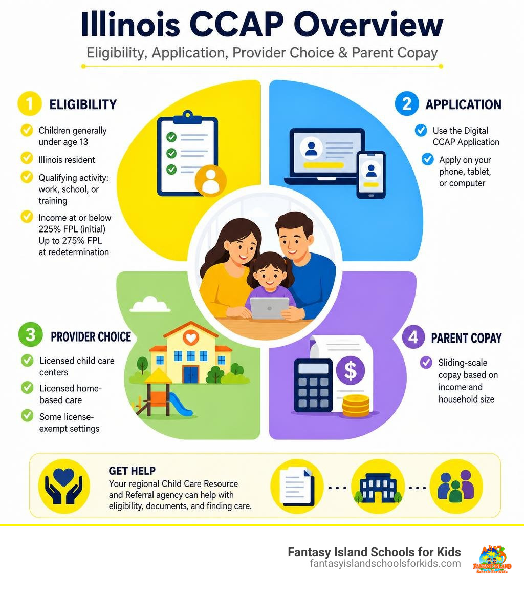 Illinois CCAP overview: eligibility, application, provider choice, and parent copay infographic Illinois CCAP overview: eligibility, application, provider choice, and parent copay infographic