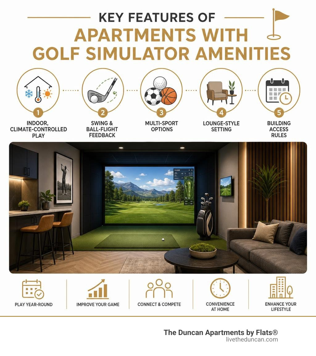 Infographic showing key features of apartments with golf simulator amenities infographic