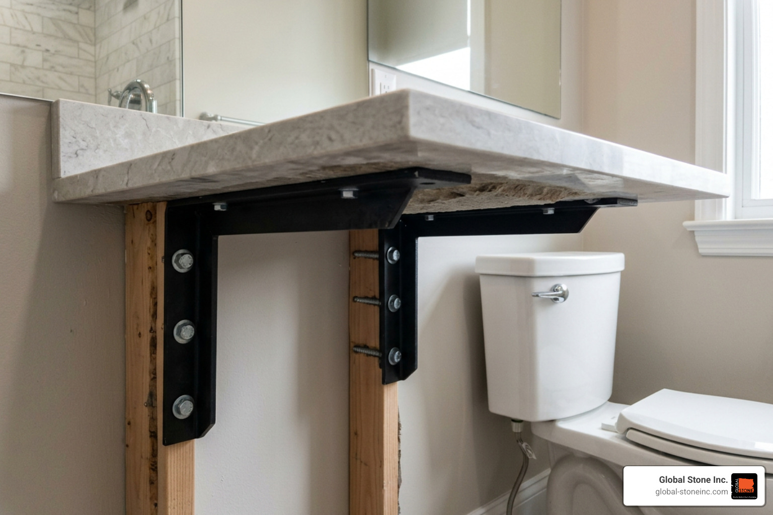 Professional steel bracket installation under custom stone countertop extension Professional steel bracket installation under custom stone countertop extension