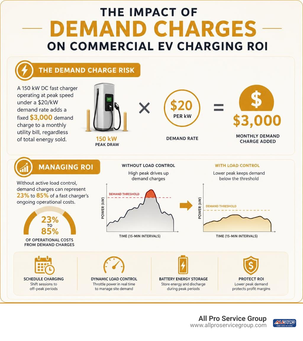Impact of demand charges on commercial EV charging ROI infographic