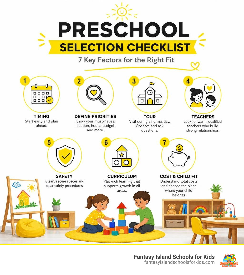 Preschool selection checklist: timing, tour, teachers, safety, curriculum, cost, and child fit infographic
