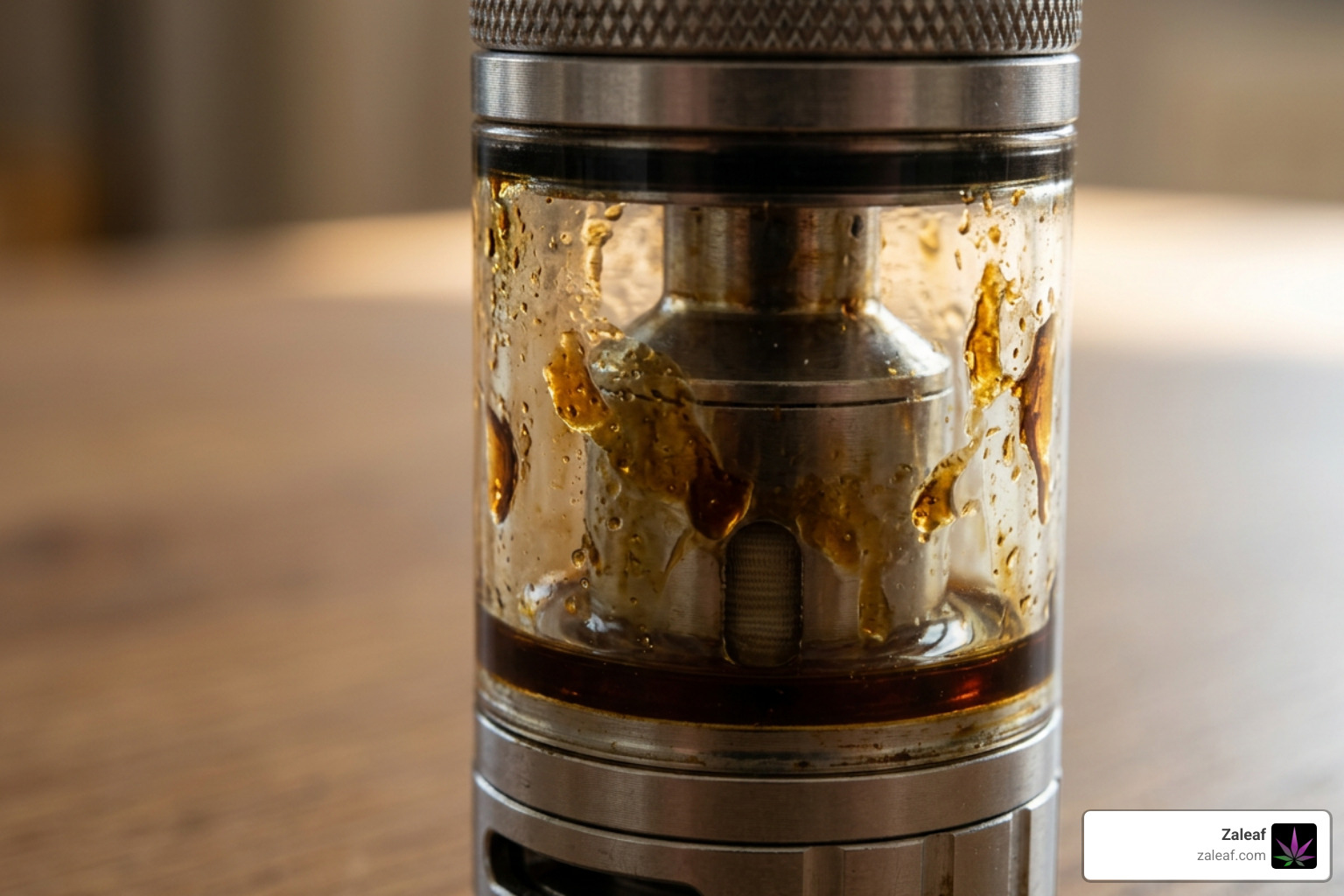 Illustration of vape oil residue build-up in tank glass and chimney