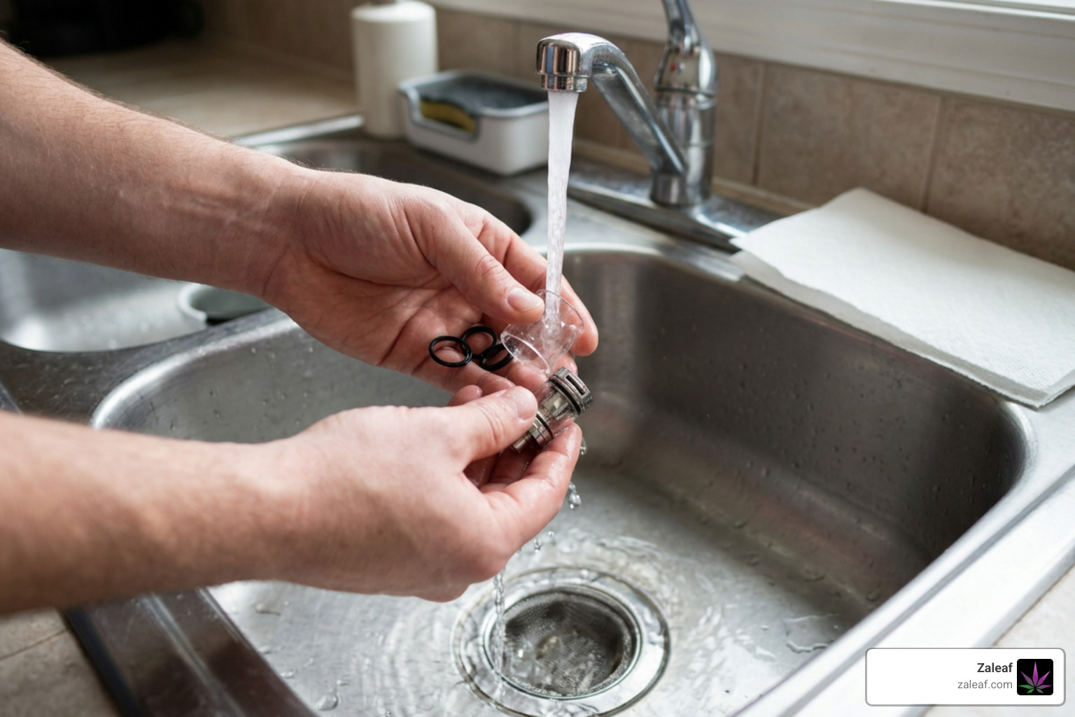 Rinsing disassembled vape tank parts under warm running water