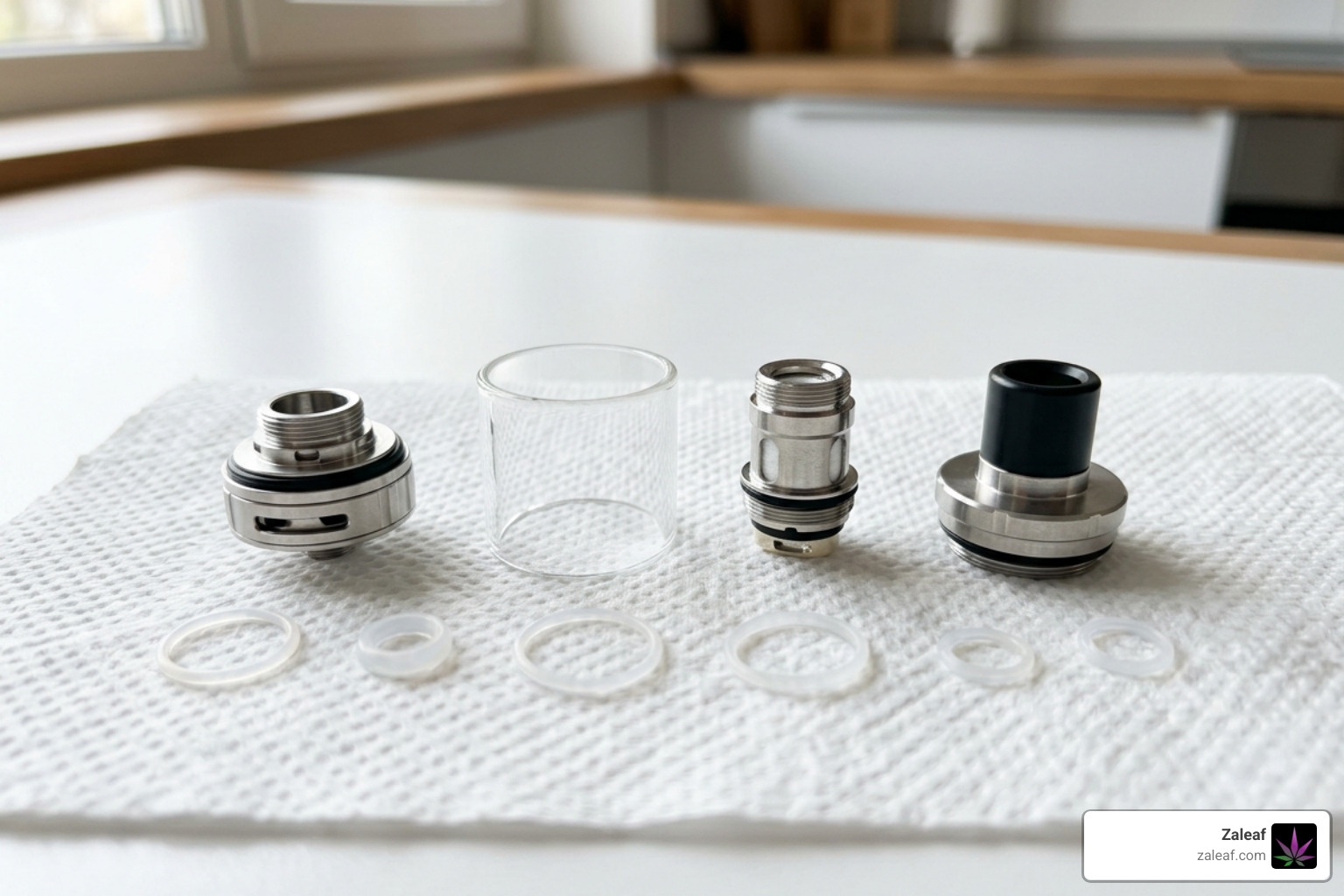 Disassembled vape tank parts drying safely on a clean paper towel grid