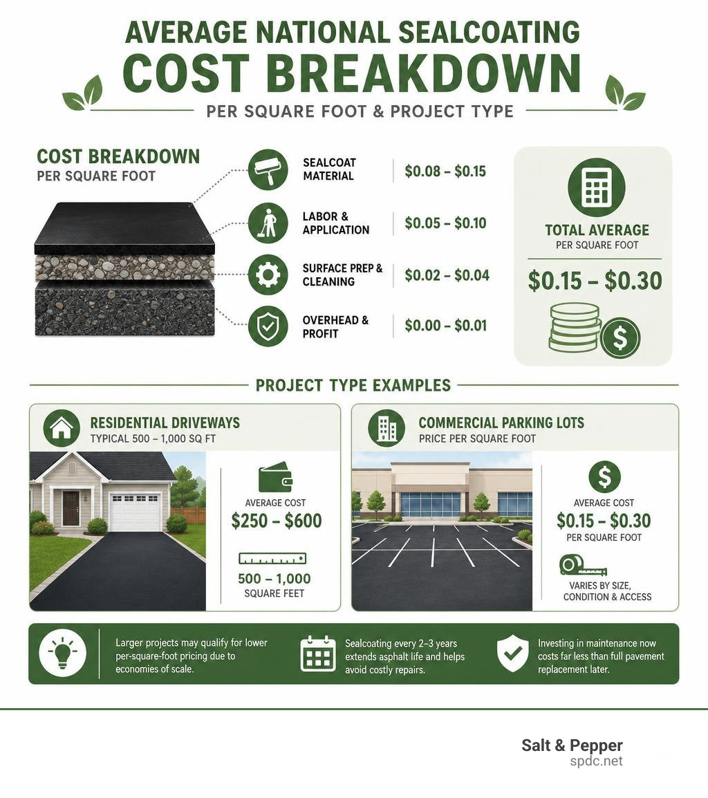 Average national sealcoating cost breakdown per square foot and project type infographic Average national sealcoating cost breakdown per square foot and project type infographic