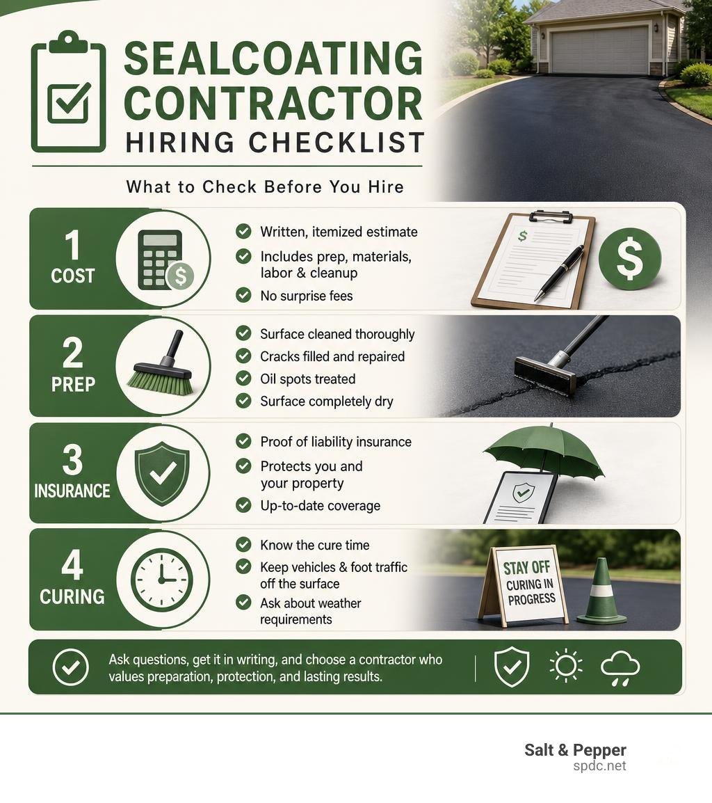 Sealcoating contractor hiring checklist with cost, prep, insurance, and curing steps infographic Sealcoating contractor hiring checklist with cost, prep, insurance, and curing steps infographic
