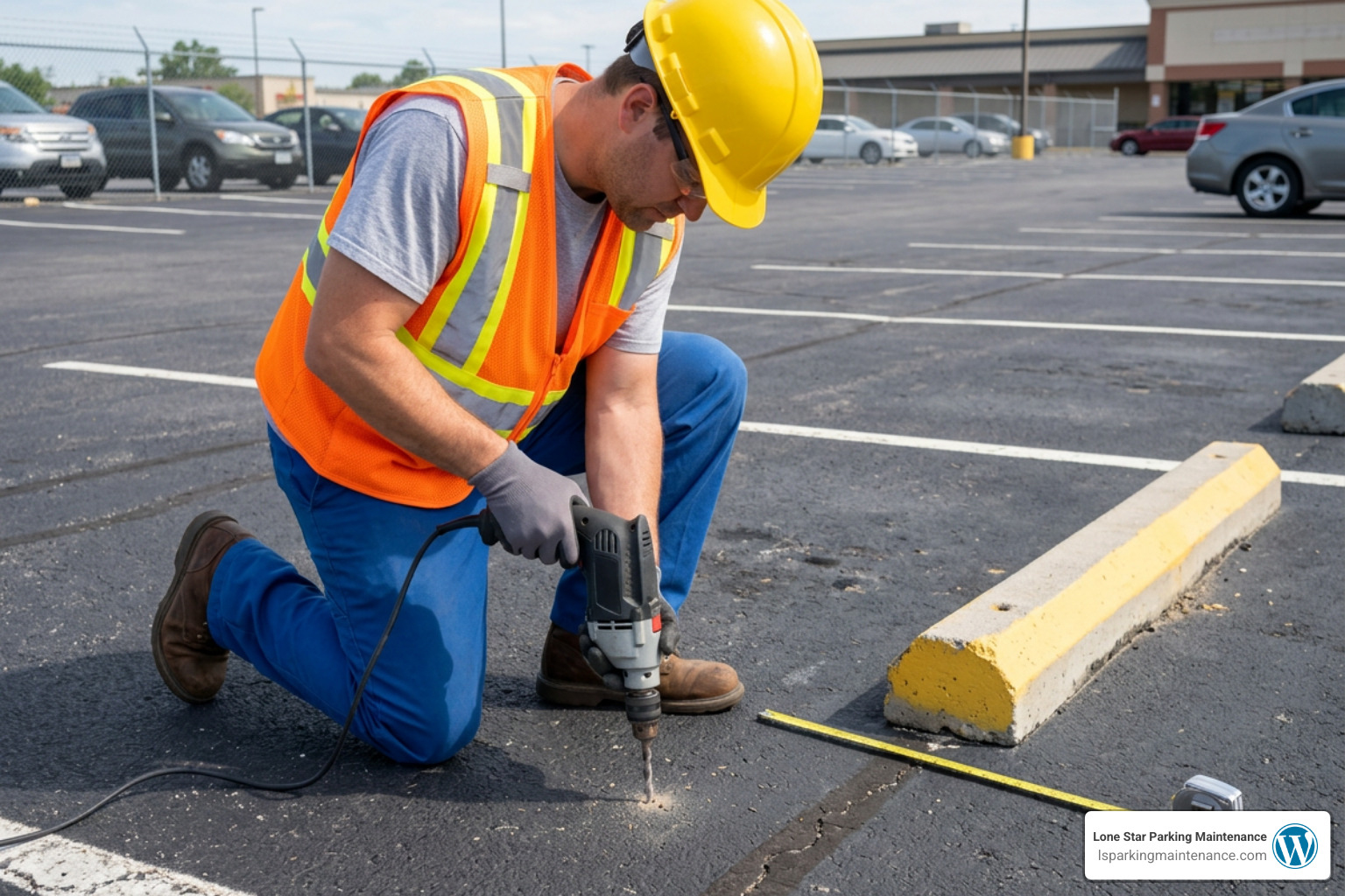 worker drilling pilot hole in asphalt pavement