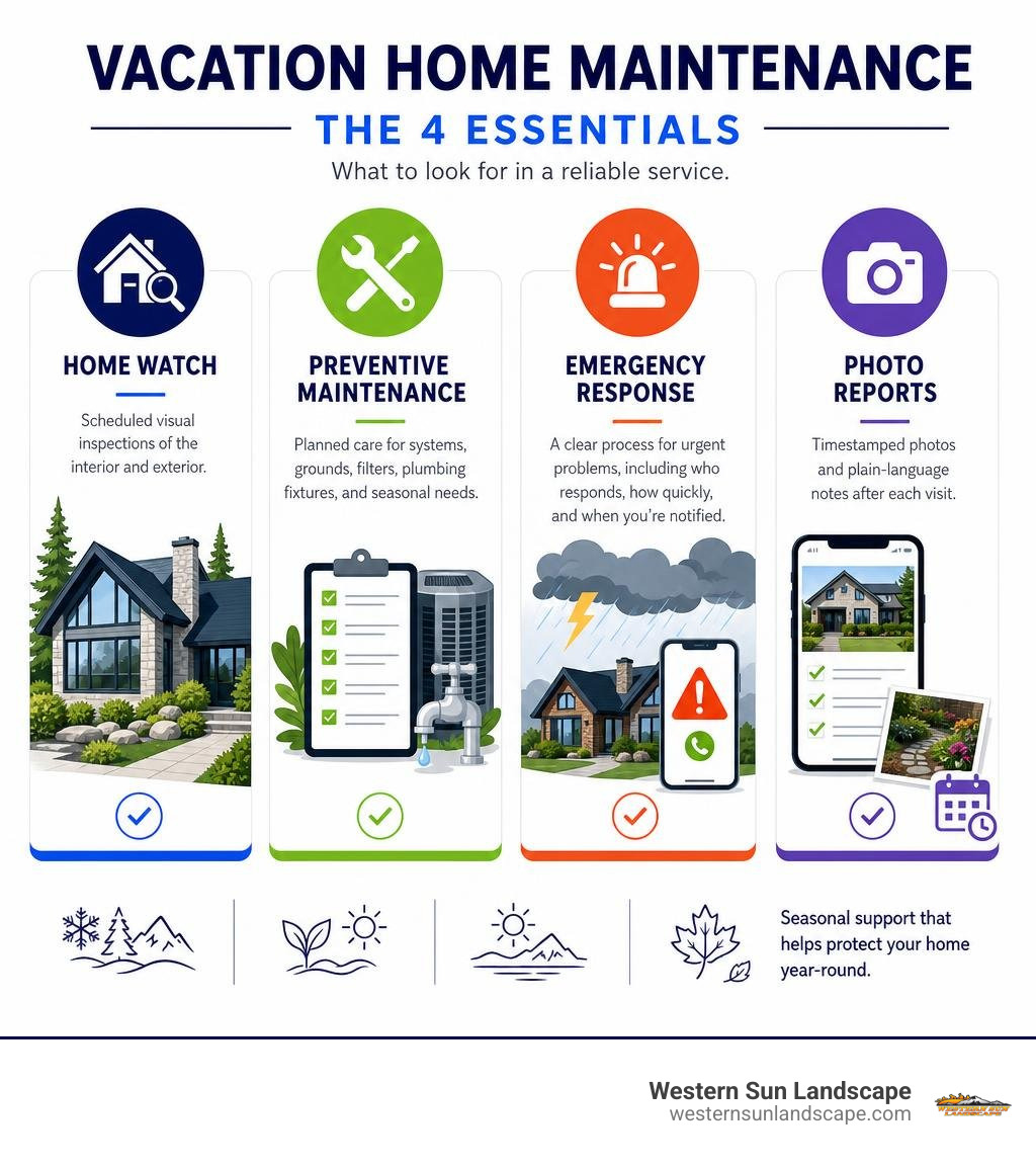 Infographic comparing home watch, preventive maintenance, emergency response, and photo reports infographic Infographic comparing home watch, preventive maintenance, emergency response, and photo reports infographic