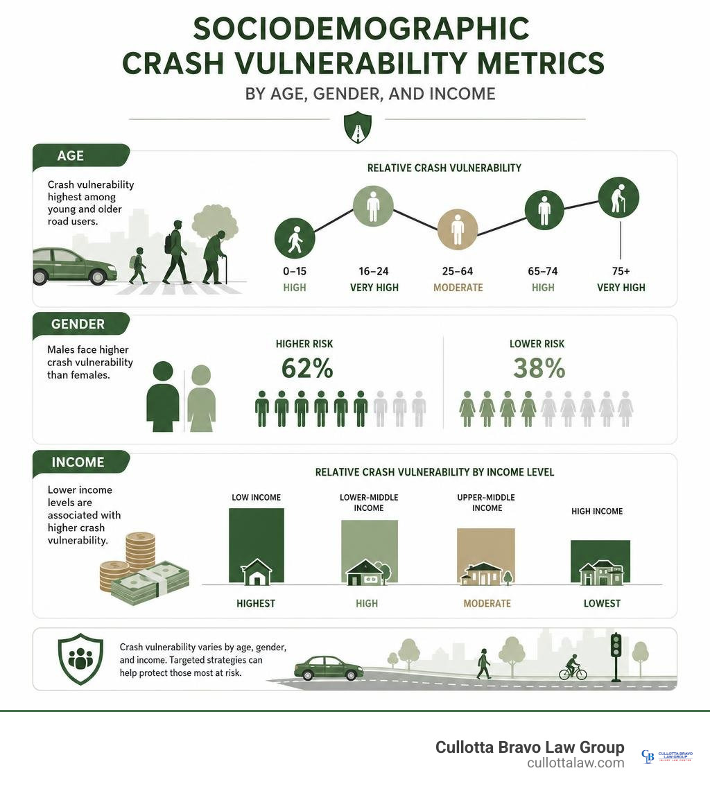 Sociodemographic crash vulnerability metrics by age, gender, and income infographic