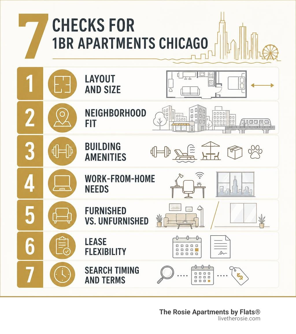 Infographic: seven checks for 1br apartments Chicago including layout, neighborhood, amenities, WFH, furniture, lease