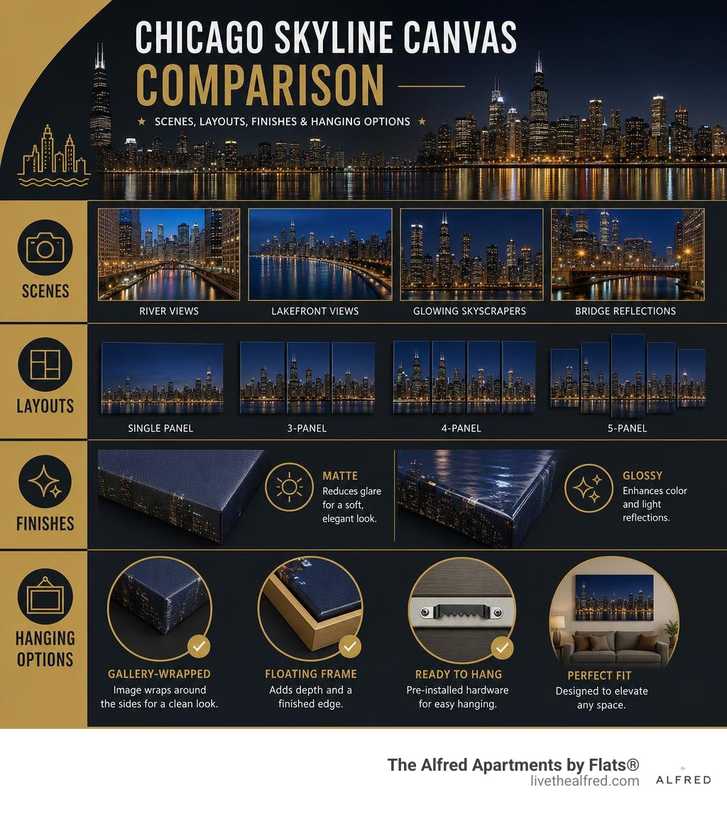 Chicago skyline canvas comparison: scenes, layouts, finishes, and hanging options infographic Chicago skyline canvas comparison: scenes, layouts, finishes, and hanging options infographic