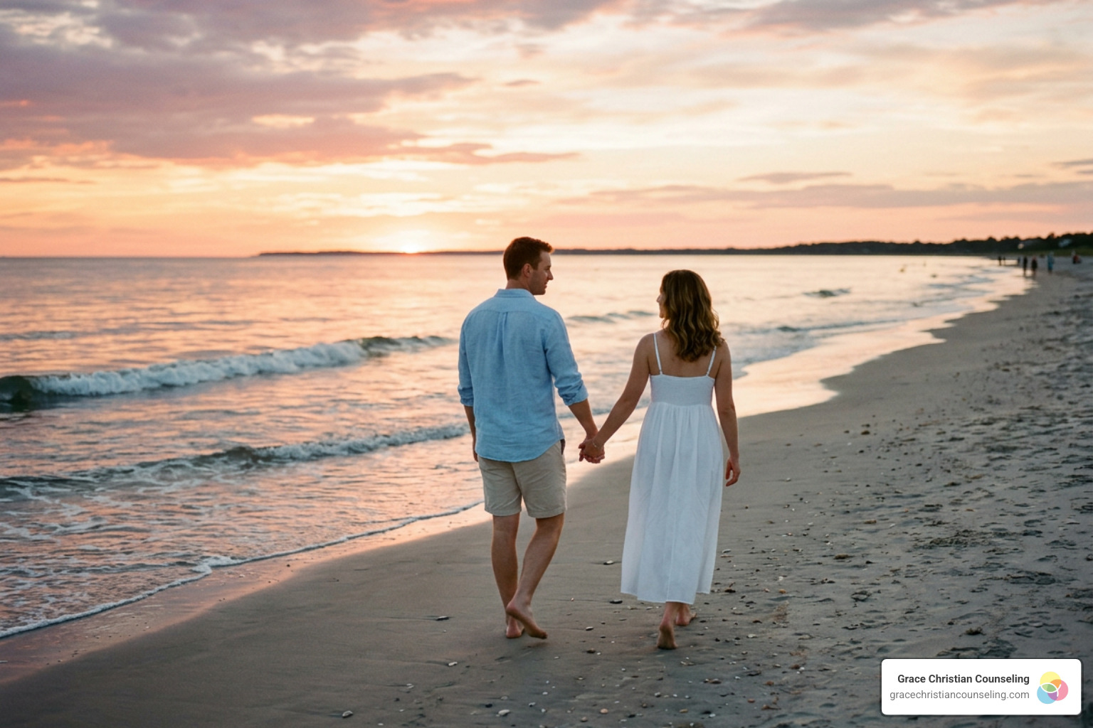 Husband and wife walking on a peaceful beach Husband and wife walking on a peaceful beach