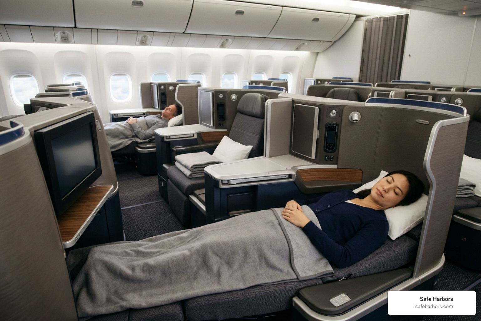 Airplane cabin interior showing lie-flat seats
