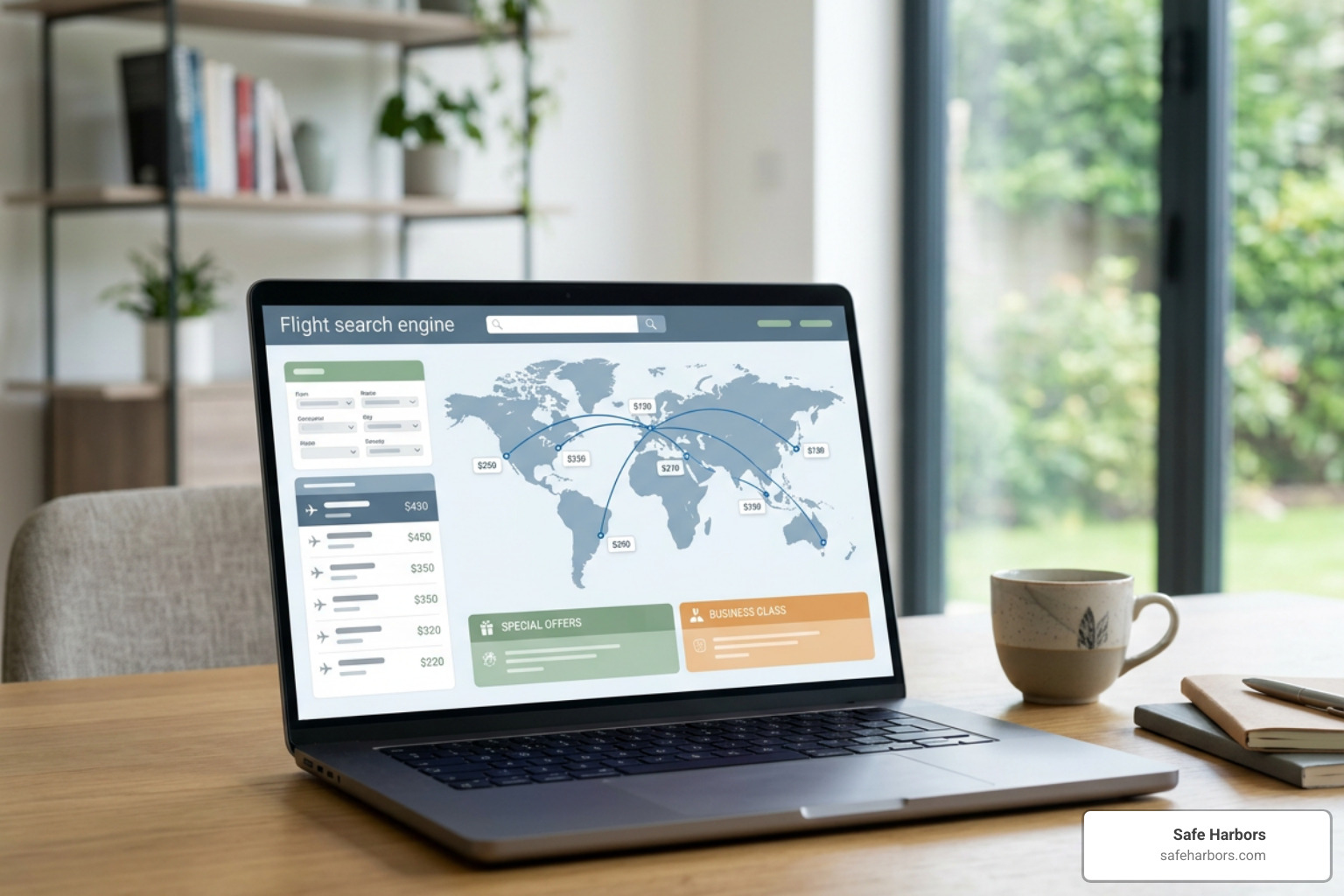 Flight search engine displaying business class route discounts