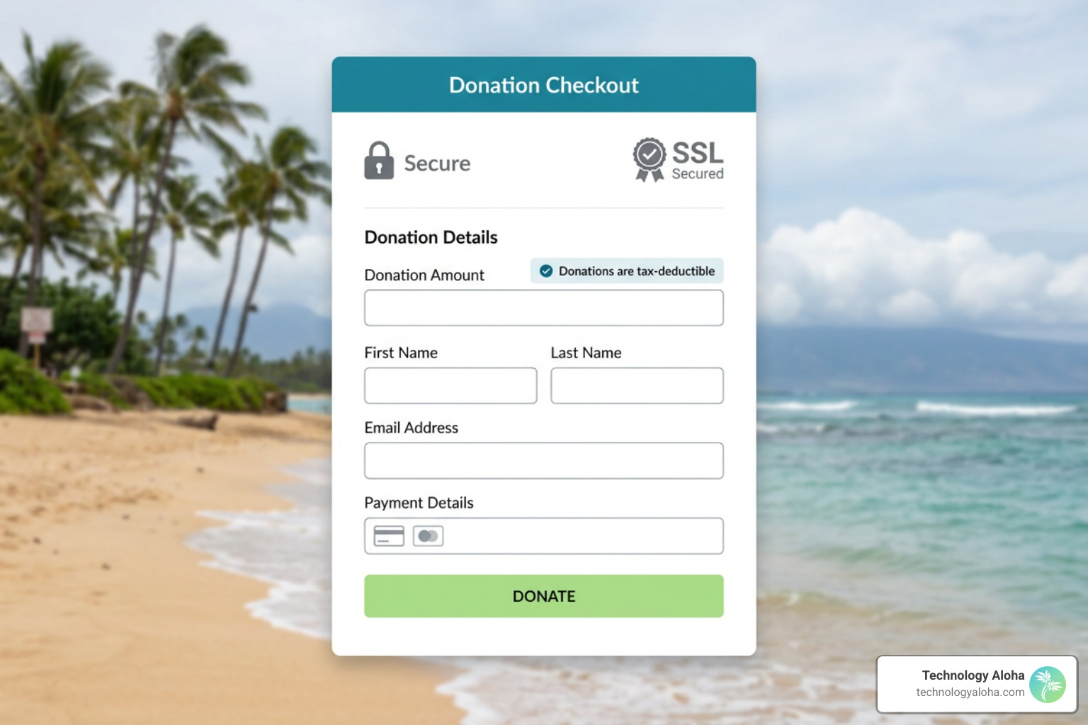 Secure donation checkout block featuring trust badges and tax-deductible notifications