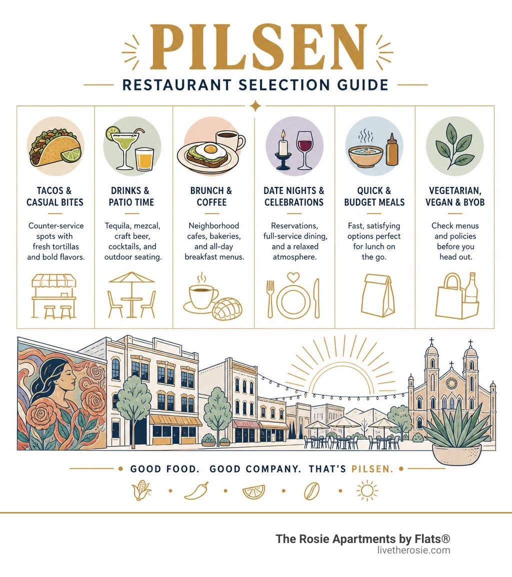 Pilsen restaurant selection guide for tacos drinks brunch date nights and quick meals infographic