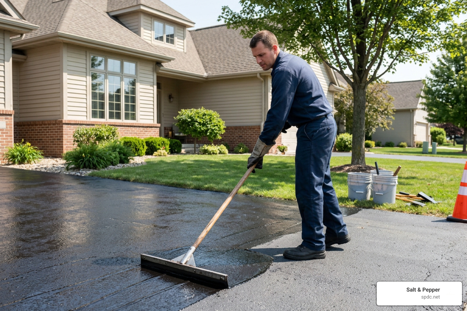 Professional asphalt technician applying dark sealcoat with hand squeegee Professional asphalt technician applying dark sealcoat with hand squeegee