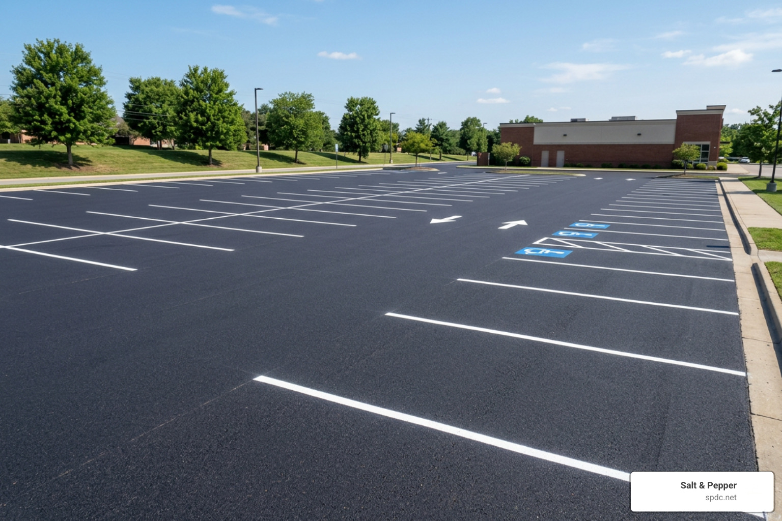 Beautiful restored blacktop commercial parking lot with crisp line striping Beautiful restored blacktop commercial parking lot with crisp line striping