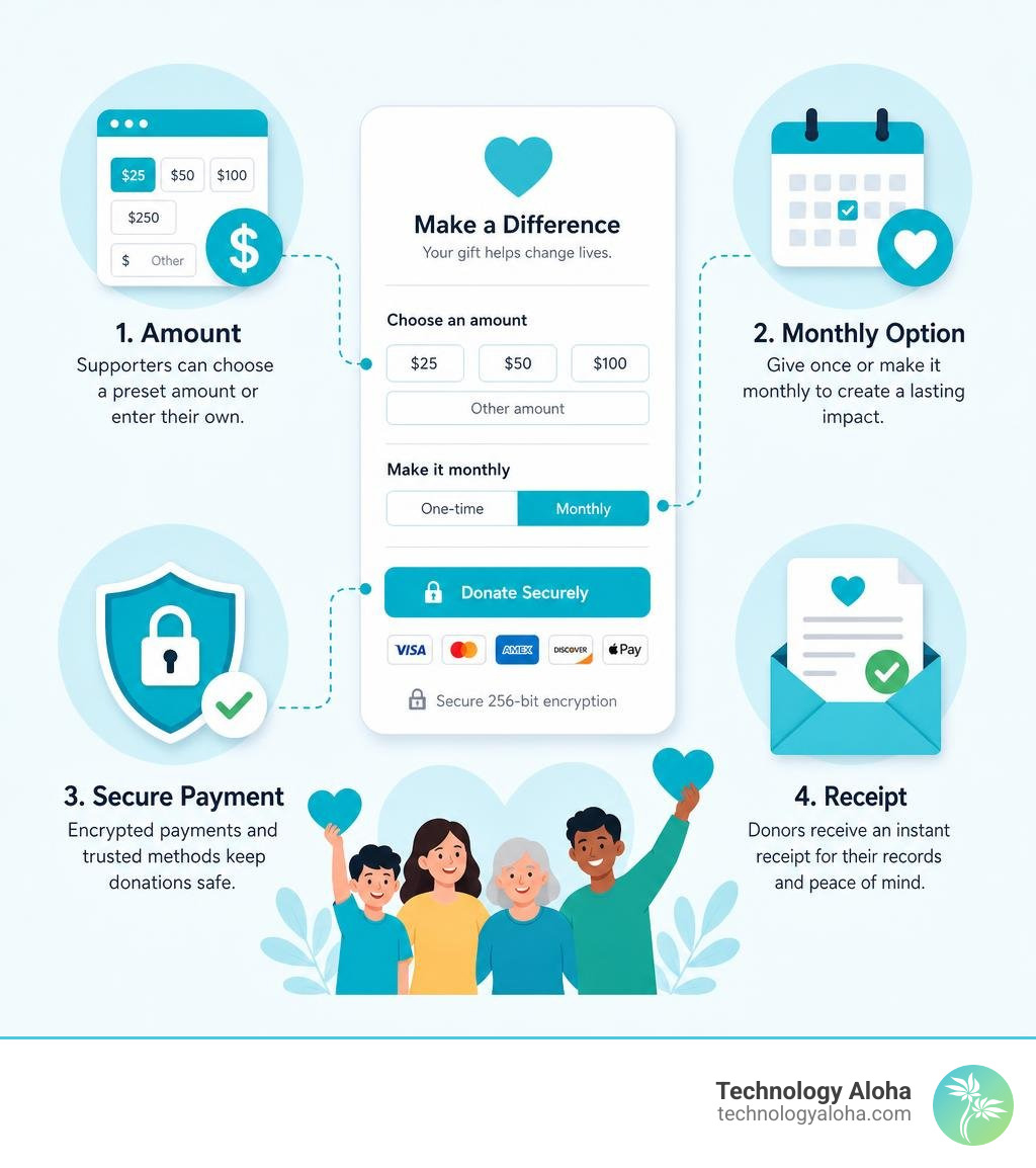 Infographic showing simple donation form elements: amount, monthly option, secure payment, receipt infographic
