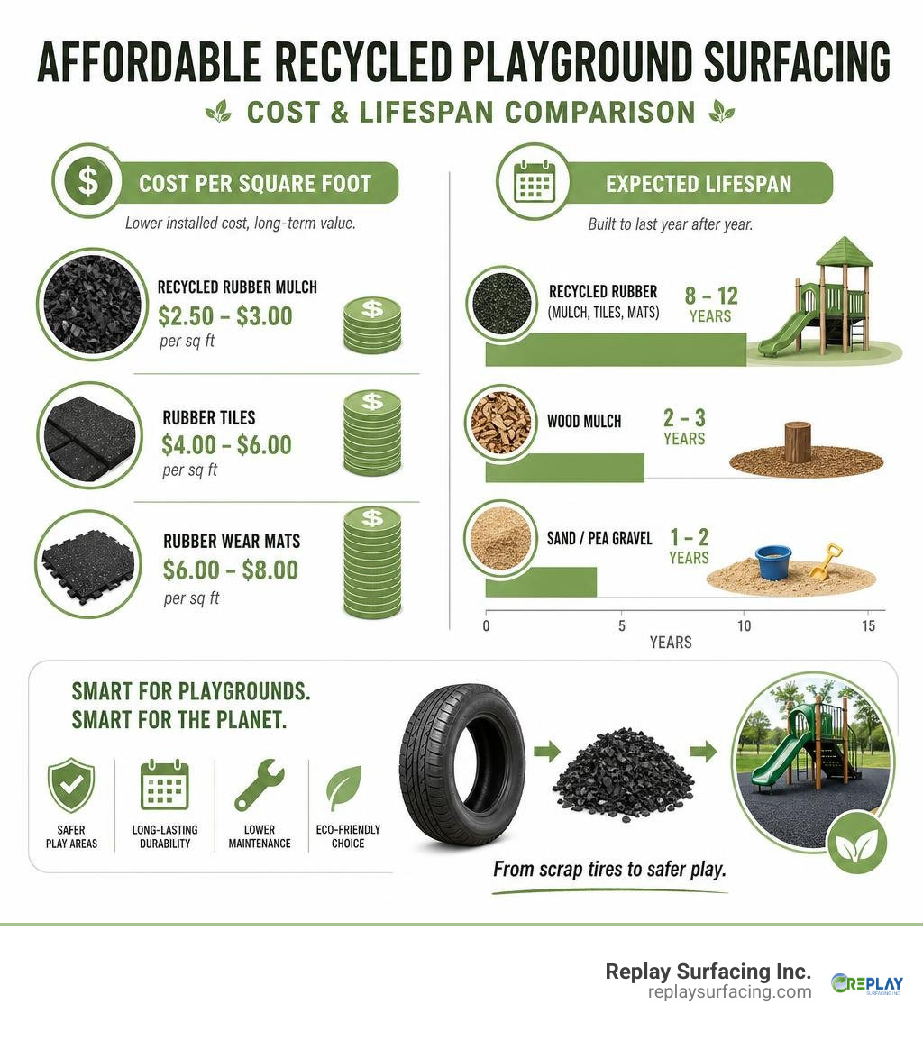 Affordable recycled playground surfacing cost and lifespan comparison infographic