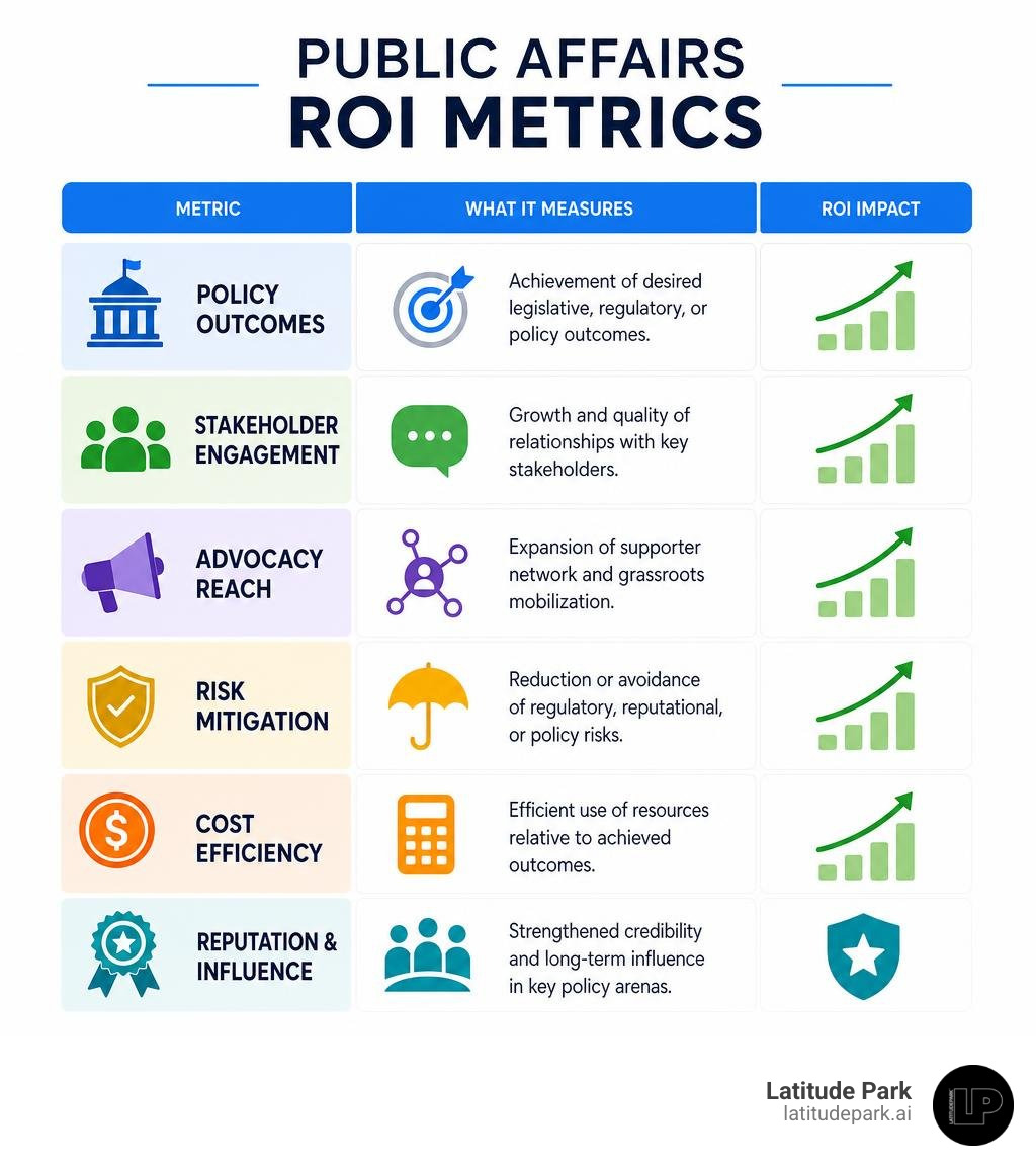 public affairs ROI metrics table infographic public affairs ROI metrics table infographic