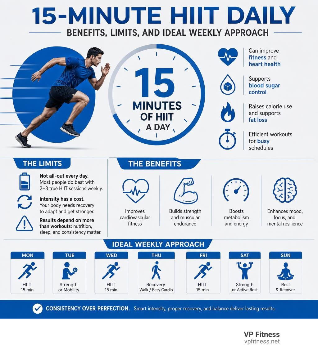 15-minute HIIT daily: benefits, limits, and ideal weekly approach infographic 15-minute HIIT daily: benefits, limits, and ideal weekly approach infographic
