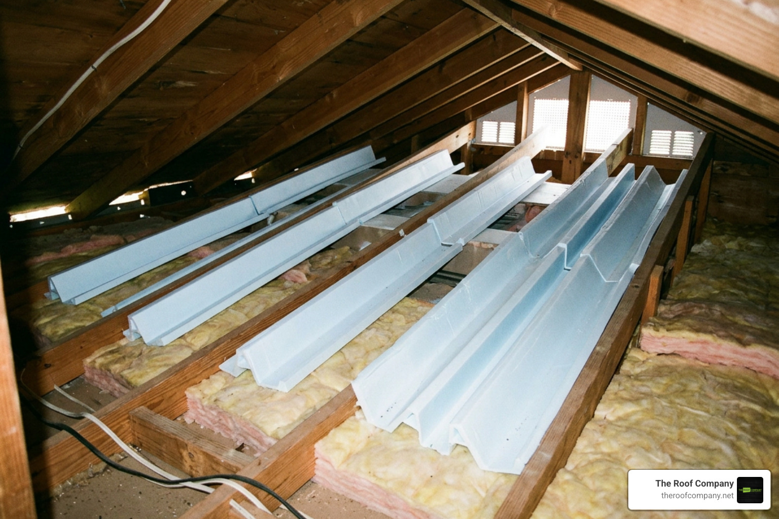 Rafter vent baffles installed between roof rafters to keep soffit vents open