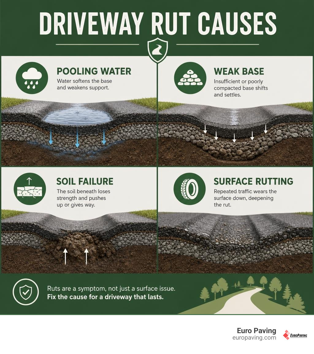 Driveway rut causes: pooling water, weak base, soil failure, and surface rutting infographic
