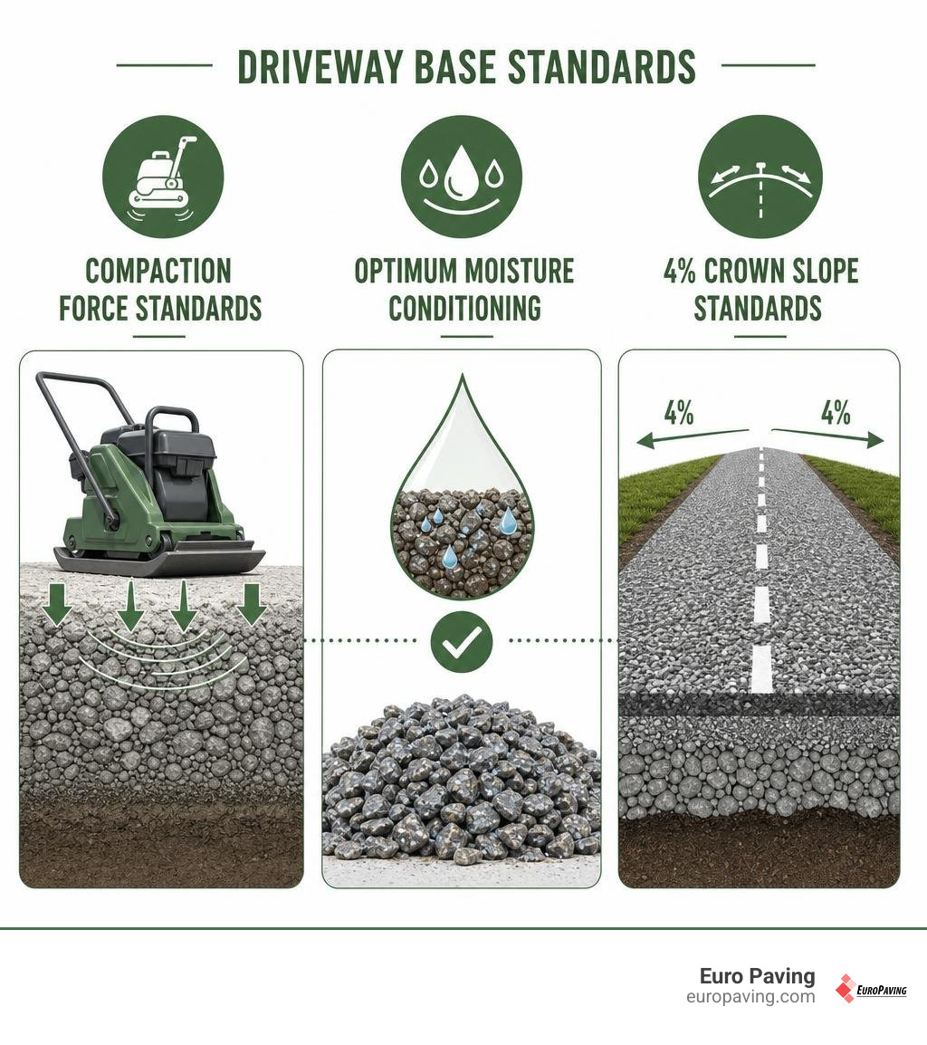 Compaction force standards, optimum moisture conditioning, and 4 percent crown slope standards infographic