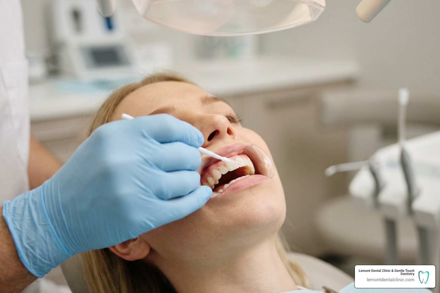 Application of safe whitening gel to enamel surfaces Application of safe whitening gel to enamel surfaces