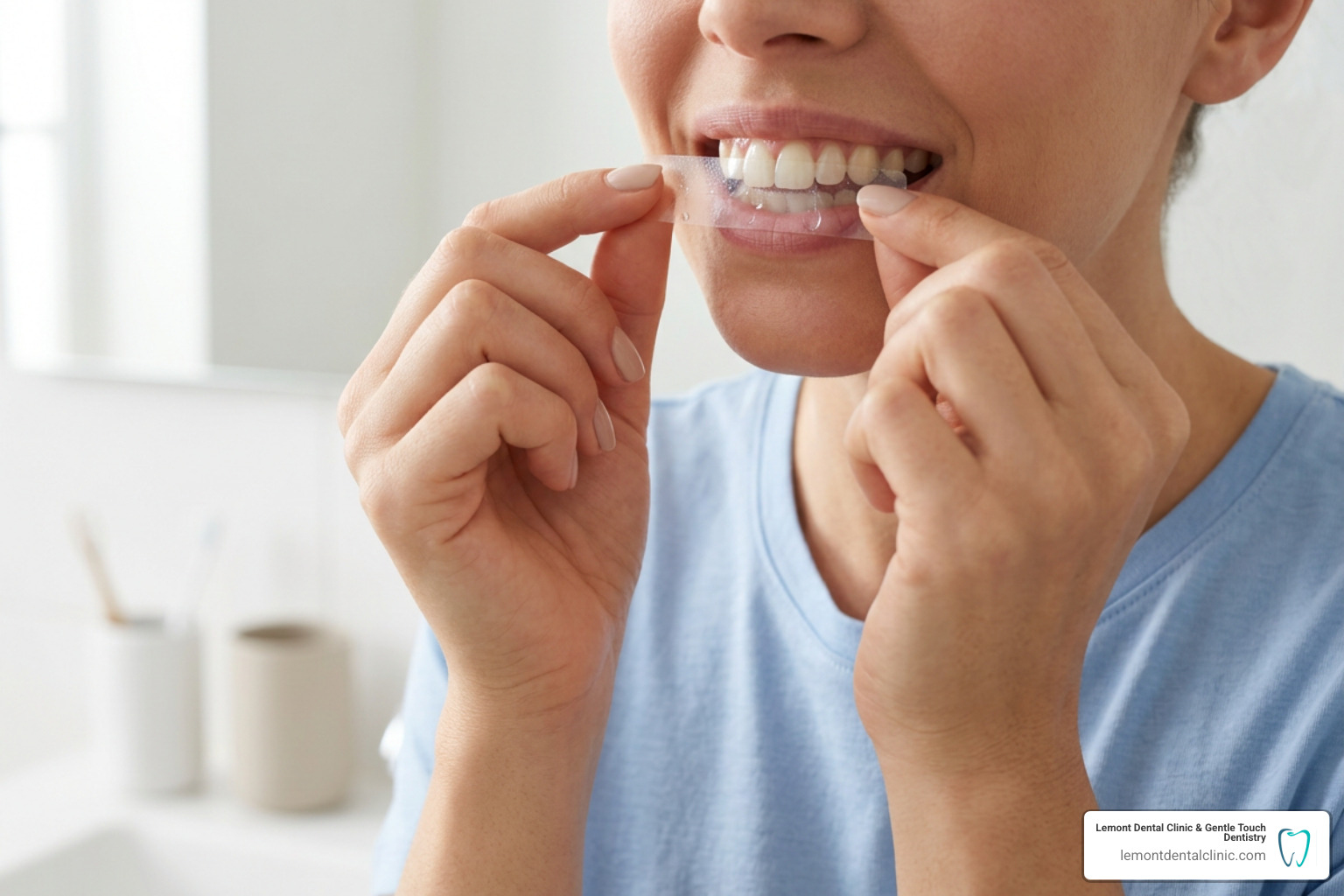 Teeth whitening strips being applied to front teeth Teeth whitening strips being applied to front teeth