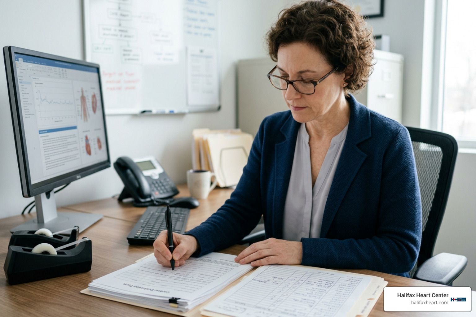 medical administrator reviewing billing and referral documentation for cardiac testing