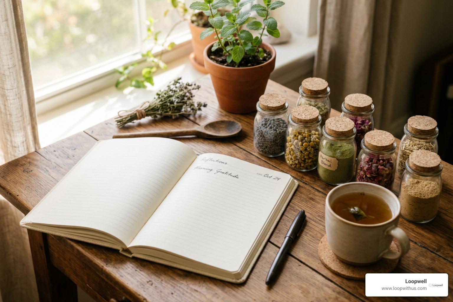 Personalized daily routine journal alongside herbal remedies Personalized daily routine journal alongside herbal remedies