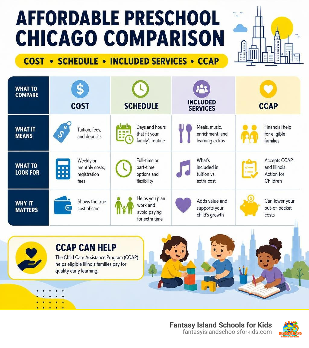 Affordable preschool Chicago comparison: cost, schedule, included services, and CCAP infographic
