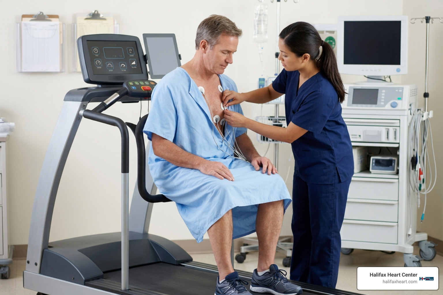 patient preparing for an exercise stress test in a clinical setting
