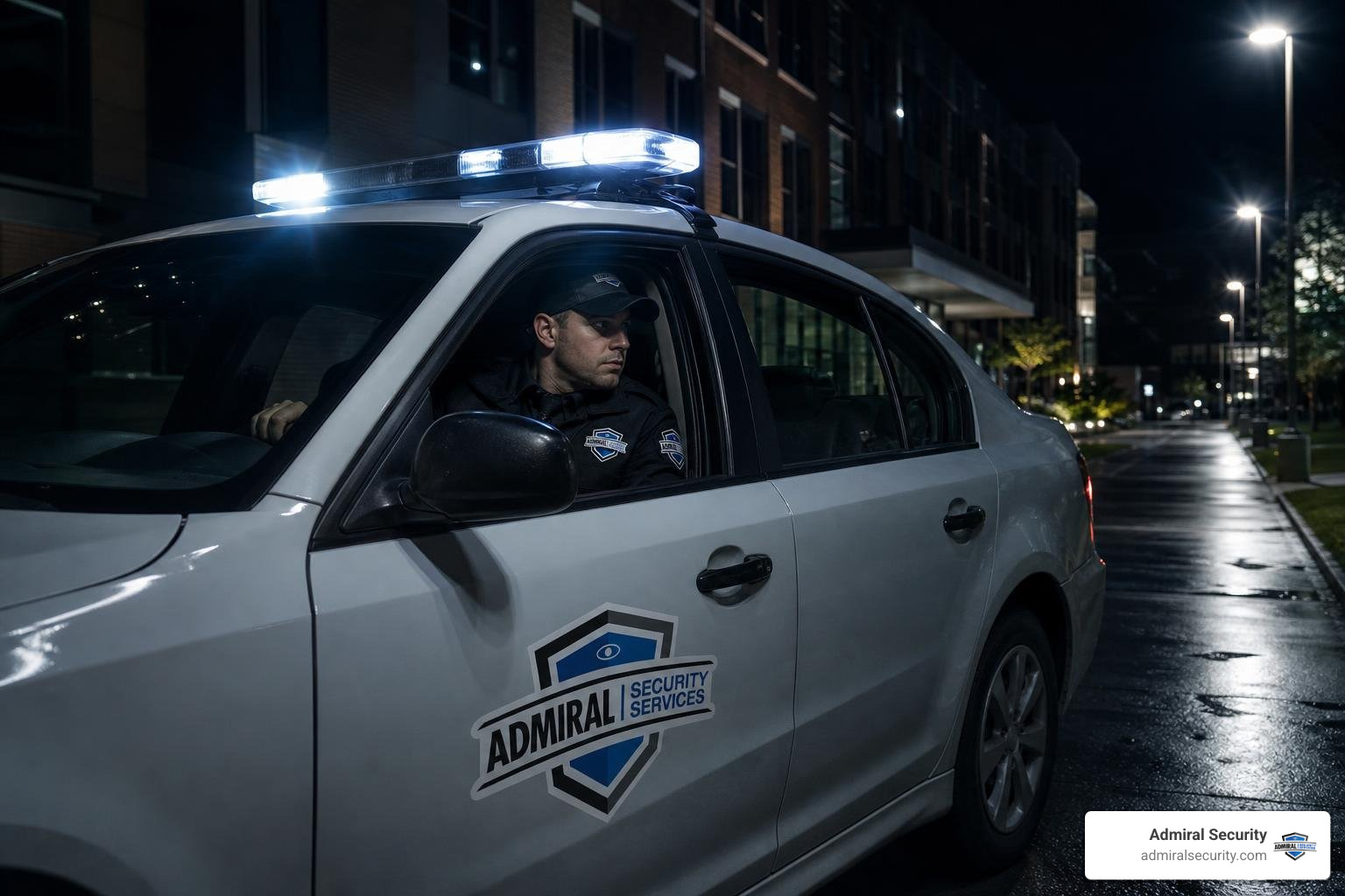 Security vehicle on night patrol in commercial district blurred badges Security vehicle on night patrol in commercial district blurred badges