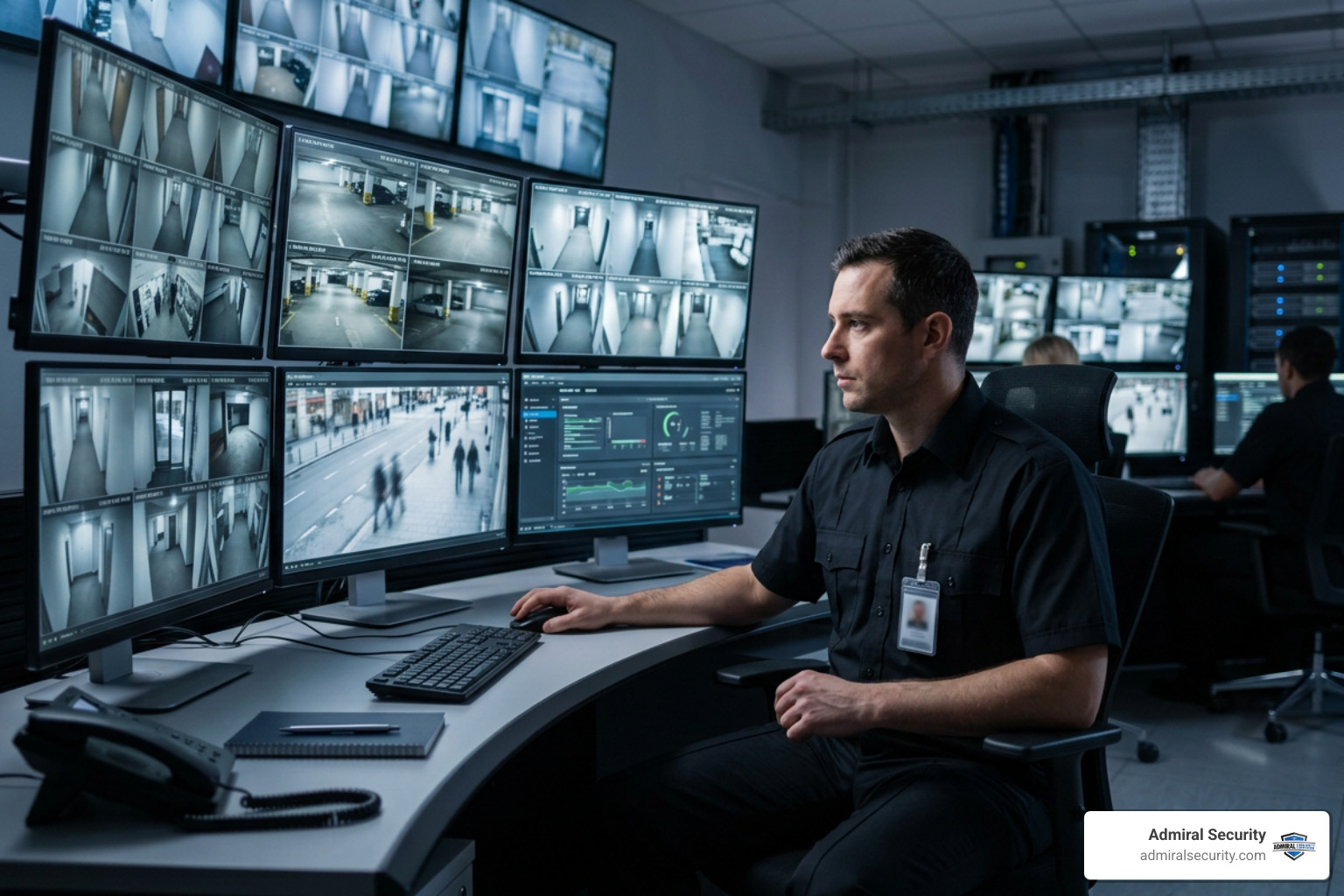 Security command center operator reviewing live video feeds on multiple monitors Security command center operator reviewing live video feeds on multiple monitors