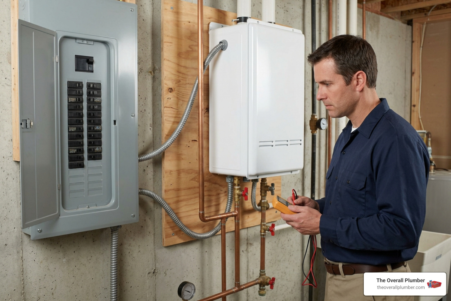 licensed technician assessing water heater setup licensed technician assessing water heater setup