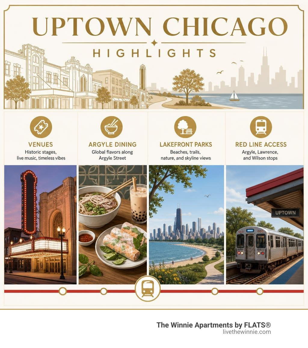 Uptown Chicago highlights: venues, Argyle dining, lakefront parks, and Red Line access infographic